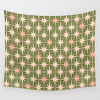 Midcentury Modern Atomic Starburst Pattern in Retro Olive Green and Vintage Blush Pink Wall Tapestry Gallery Image 4