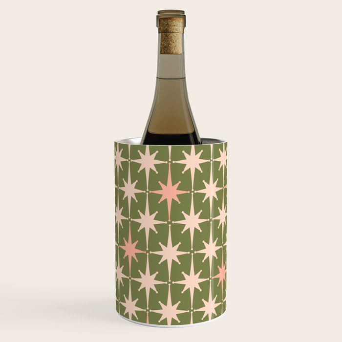 Midcentury Modern Atomic Starburst Pattern in Retro Olive Green and Vintage Blush Pink Wine Chiller Gallery Image 1