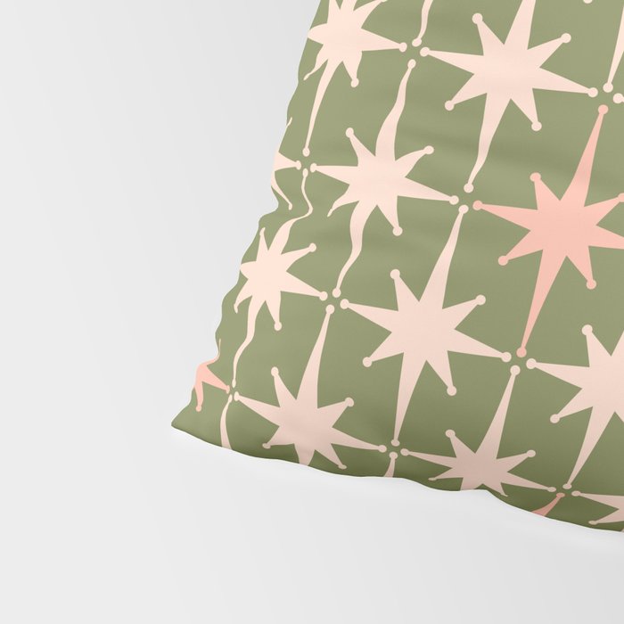 Midcentury Modern Atomic Starburst Pattern in Retro Olive Green and Vintage Blush Pink Pillow Sham Gallery Image 4
