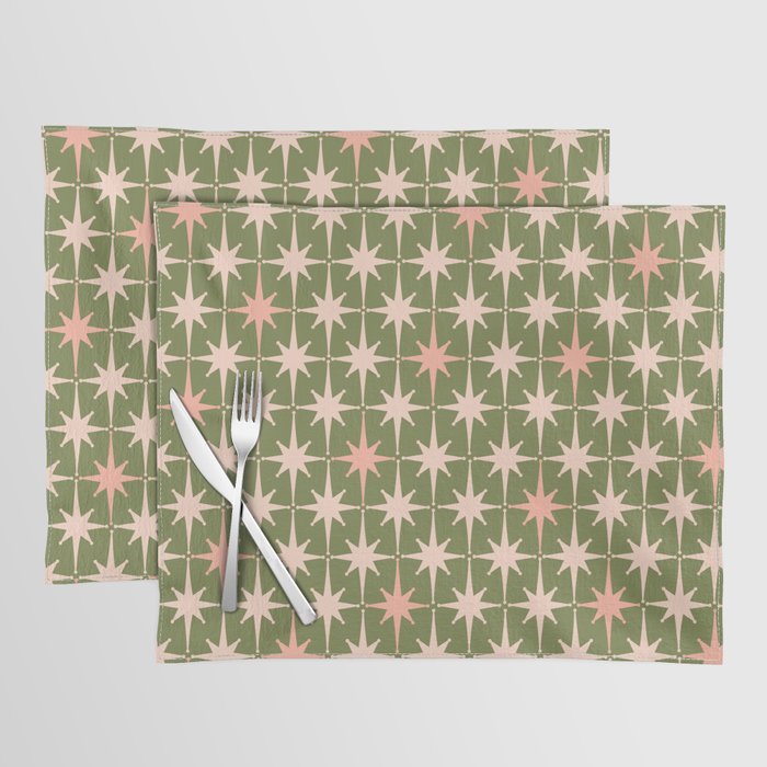 Midcentury Modern Atomic Starburst Pattern in Retro Olive Green and Vintage Blush Pink Placemat Gallery Image 1