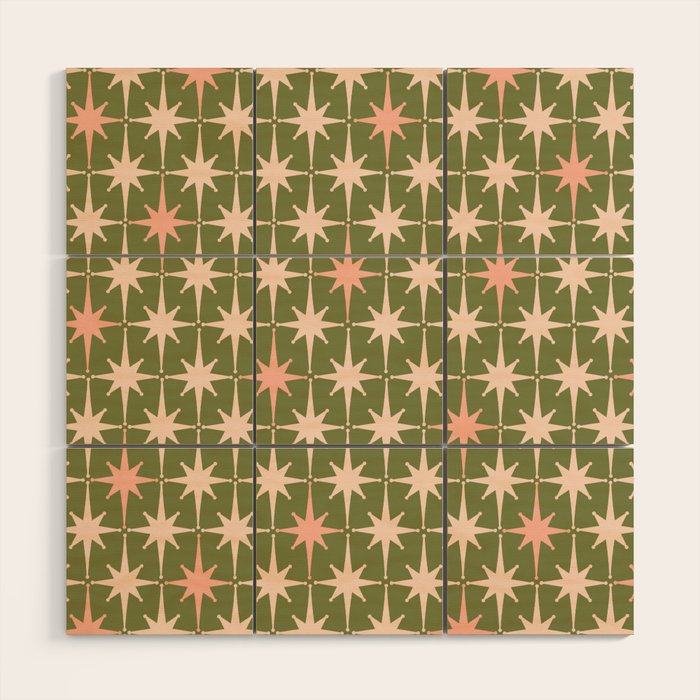 Midcentury Modern Atomic Starburst Pattern in Retro Olive Green and Vintage Blush Pink Wood Wall Art Gallery Image 1