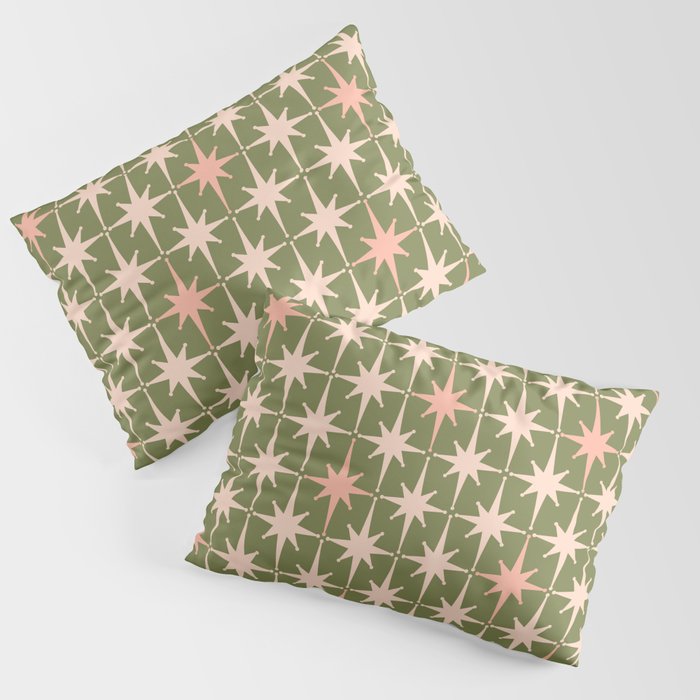 Midcentury Modern Atomic Starburst Pattern in Retro Olive Green and Vintage Blush Pink Pillow Sham Gallery Image 1