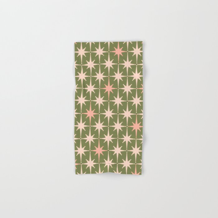 Midcentury Modern Atomic Starburst Pattern in Retro Olive Green and Vintage Blush Pink Bath Towel Gallery Image 1