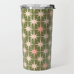 Midcentury Modern Atomic Starburst Pattern in Retro Olive Green and Vintage Blush Pink Travel Mug Gallery Image 2