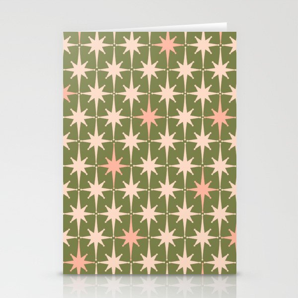 Midcentury Modern Atomic Starburst Pattern in Retro Olive Green and Vintage Blush Pink Stationery Card Gallery Image 1