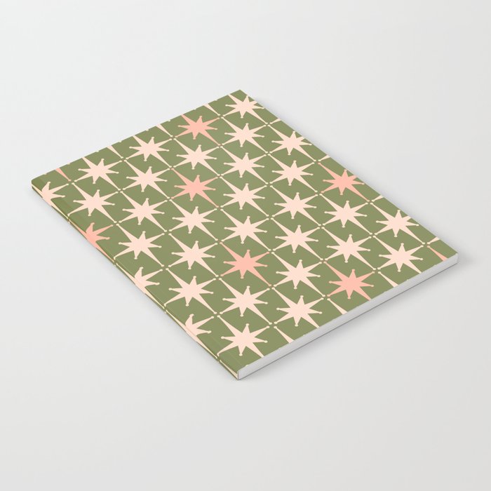 Midcentury Modern Atomic Starburst Pattern in Retro Olive Green and Vintage Blush Pink Notebook Gallery Image 2
