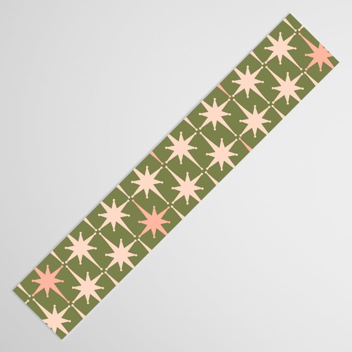 Midcentury Modern Atomic Starburst Pattern in Retro Olive Green and Vintage Blush Pink Table Runner Gallery Image 3
