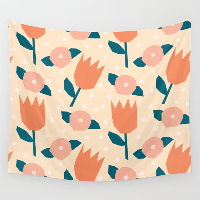Papercut style pink and orange flowers Wall Tapestry Gallery Image 4