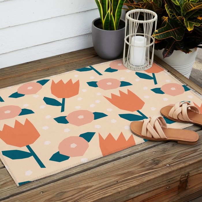 Papercut style pink and orange flowers Outdoor Rug Gallery Image 2