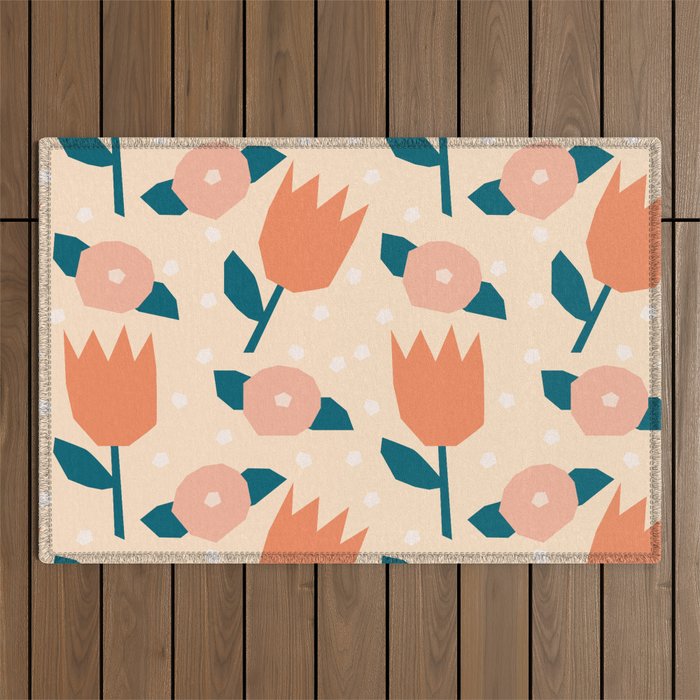 Papercut style pink and orange flowers Outdoor Rug Gallery Image 1