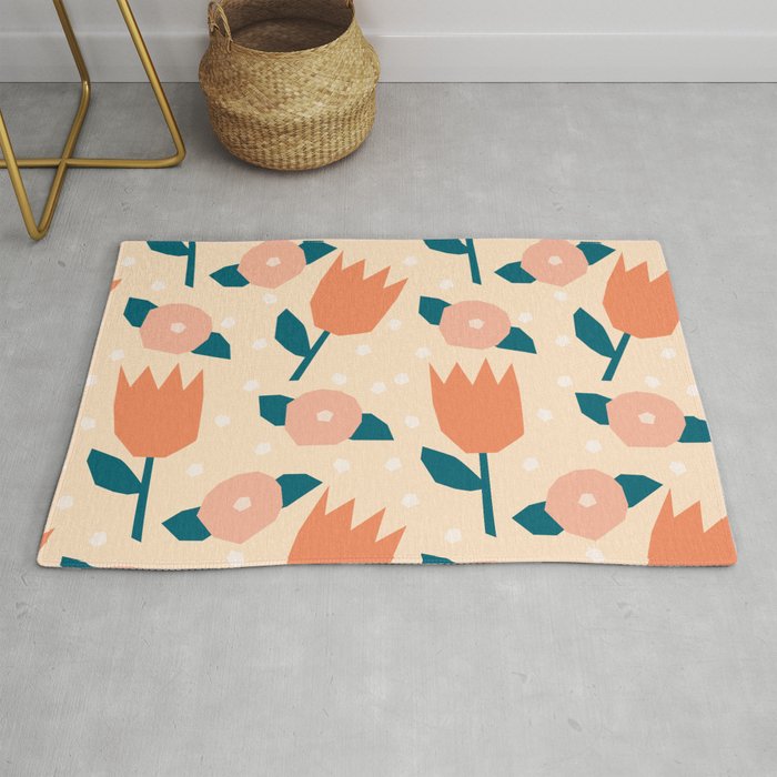 Papercut style pink and orange flowers Rug Gallery Image 1