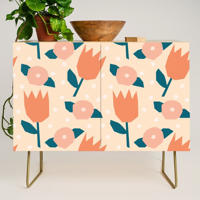 Papercut style pink and orange flowers Credenza Gallery Image 1