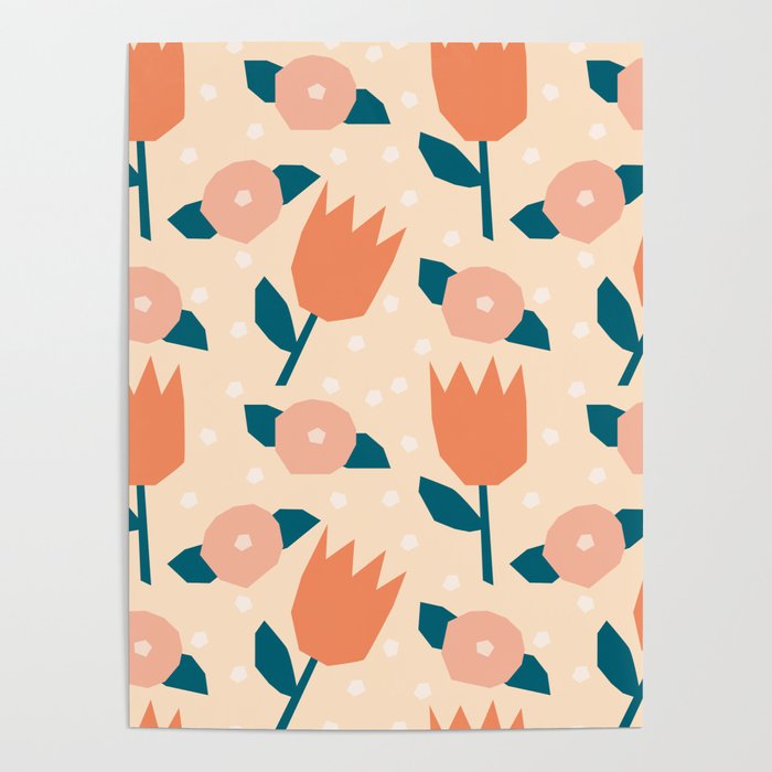 Papercut style pink and orange flowers Poster Gallery Image 1