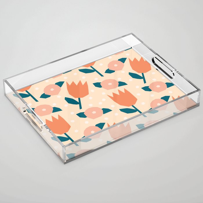 Papercut style pink and orange flowers Acrylic Tray Gallery Image 1