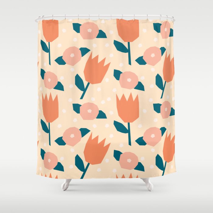Papercut style pink and orange flowers Shower Curtain Gallery Image 1