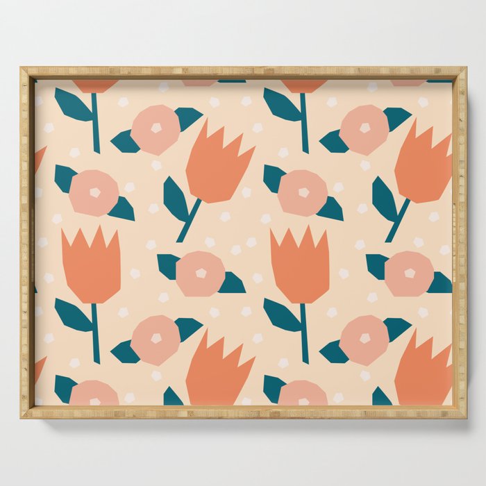 Papercut style pink and orange flowers Serving Tray Gallery Image 1