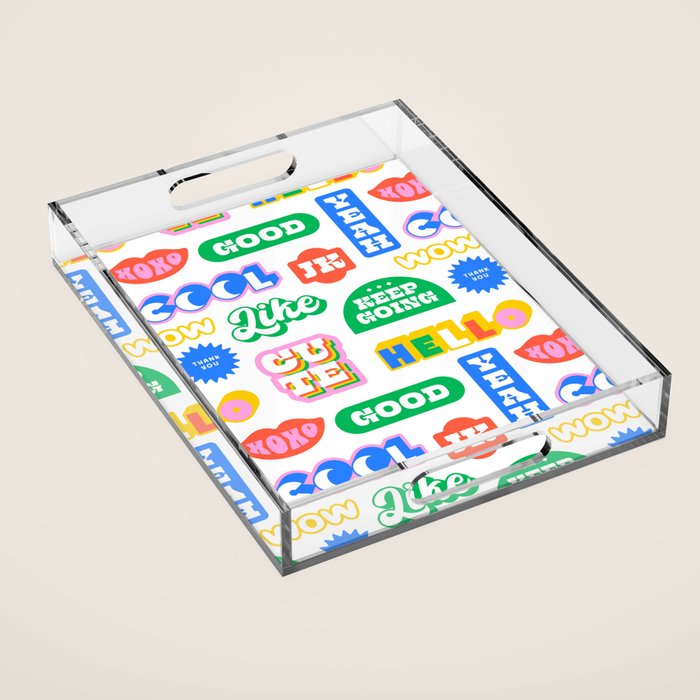 Retro funny sticker quote label pattern Acrylic Tray Gallery Image 1