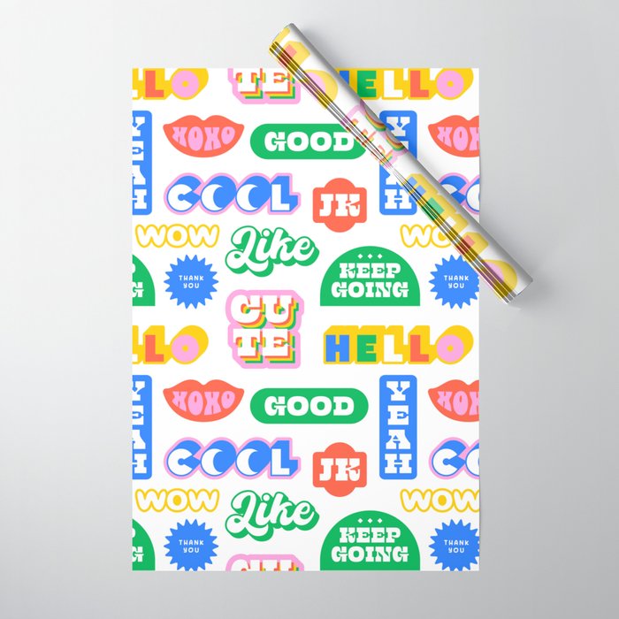 Retro funny sticker quote label pattern Wrapping Paper Gallery Image 1