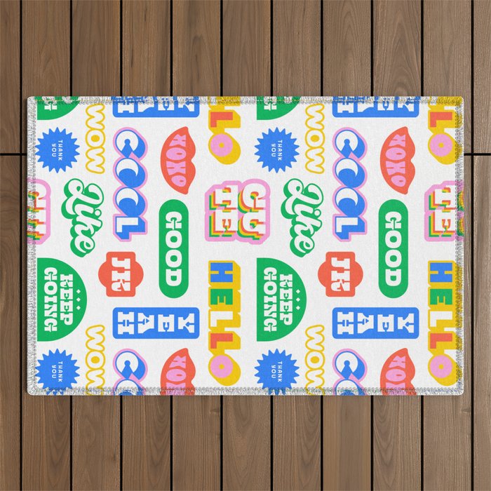 Retro funny sticker quote label pattern Outdoor Rug Gallery Image 1