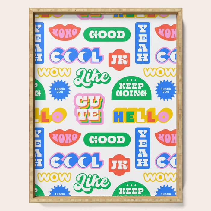 Retro funny sticker quote label pattern Serving Tray Gallery Image 1