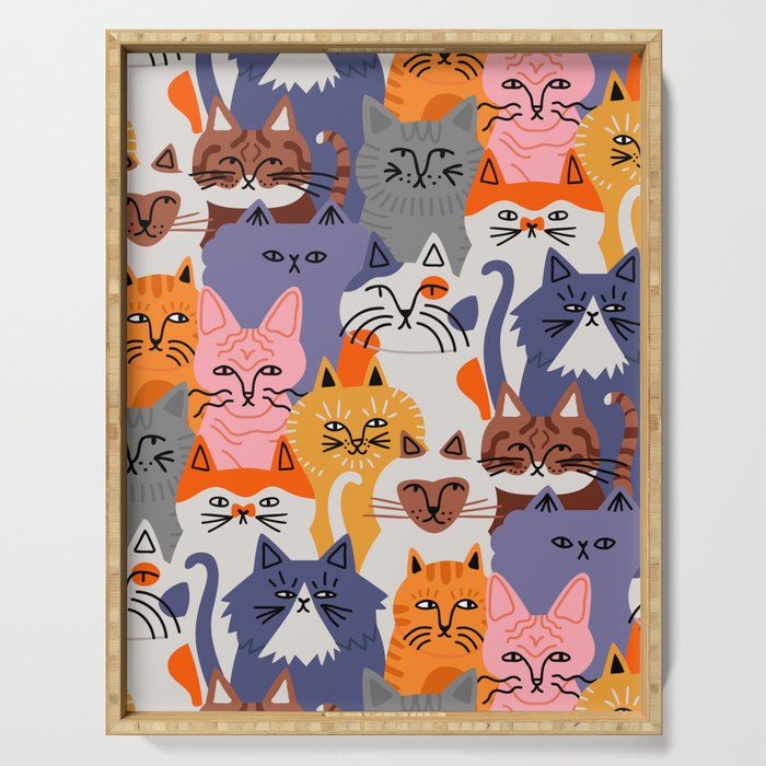 Funny diverse cat crowd character cartoon background Serving Tray Gallery Image 1