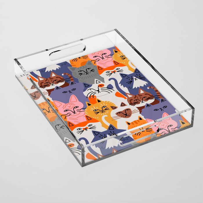Funny diverse cat crowd character cartoon background Acrylic Tray Gallery Image 1
