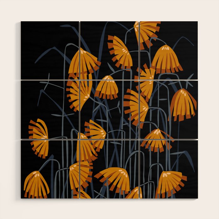 Linocut flower meadow black Wood Wall Art Gallery Image 1