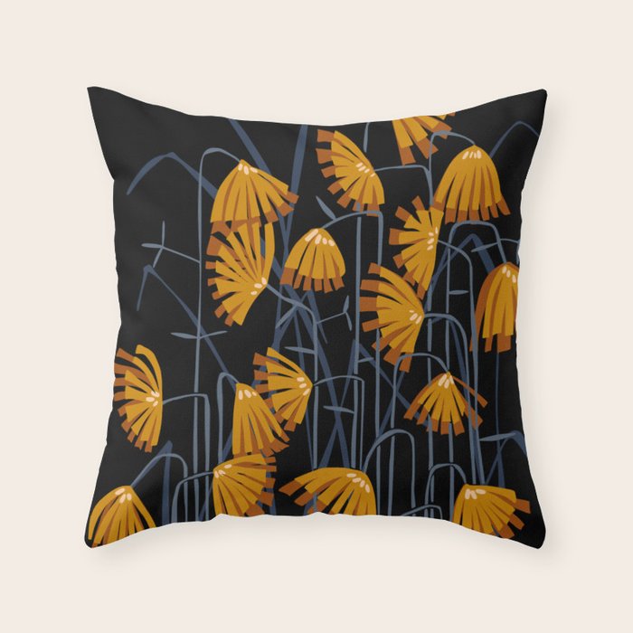 Linocut flower meadow black Throw Pillow Gallery Image 2