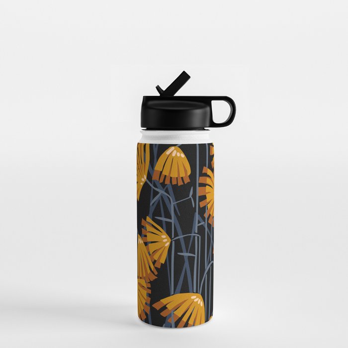 Linocut flower meadow black Water Bottle Gallery Image 1