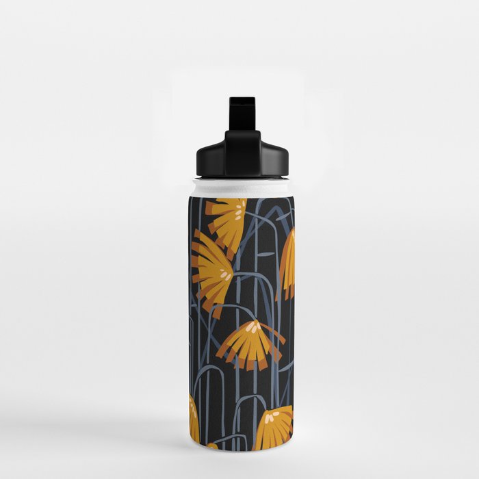 Linocut flower meadow black Water Bottle Gallery Image 2