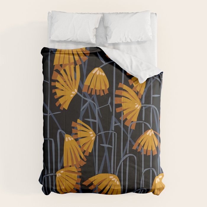 Linocut flower meadow black Comforter Gallery Image 6
