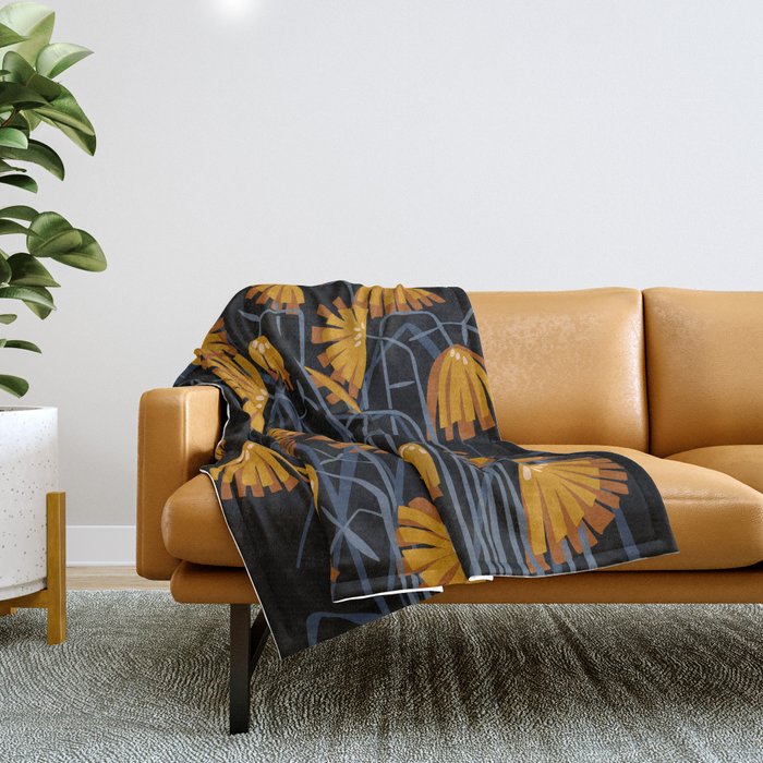 Linocut flower meadow black Throw Blanket Gallery Image 1