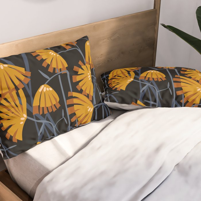 Linocut flower meadow black Pillow Sham Gallery Image 2