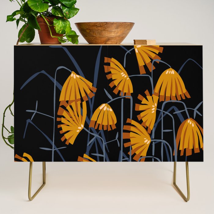 Linocut flower meadow black Credenza Gallery Image 1
