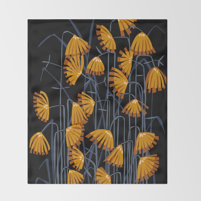 Linocut flower meadow black Throw Blanket Gallery Image 2