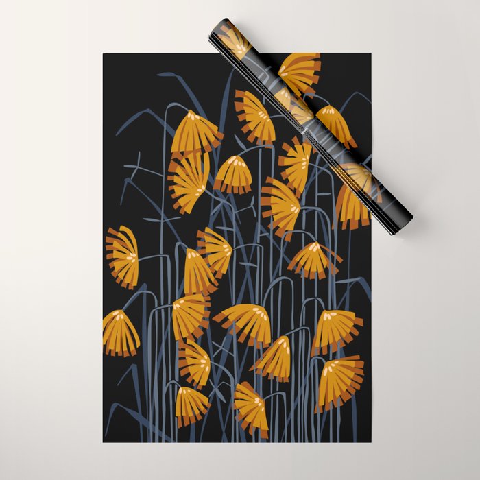 Linocut flower meadow black Wrapping Paper Gallery Image 1