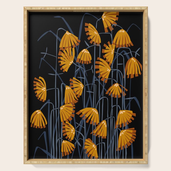Linocut flower meadow black Serving Tray Gallery Image 1