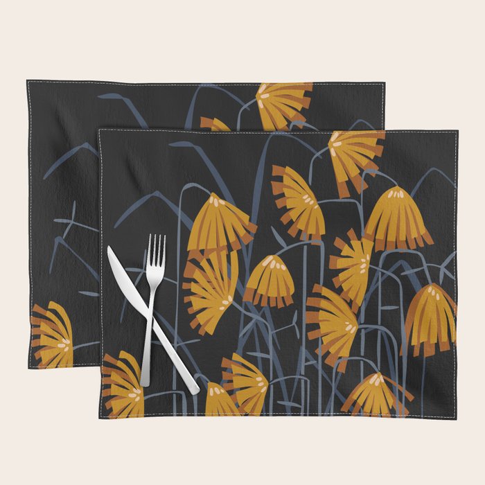 Linocut flower meadow black Placemat Gallery Image 1