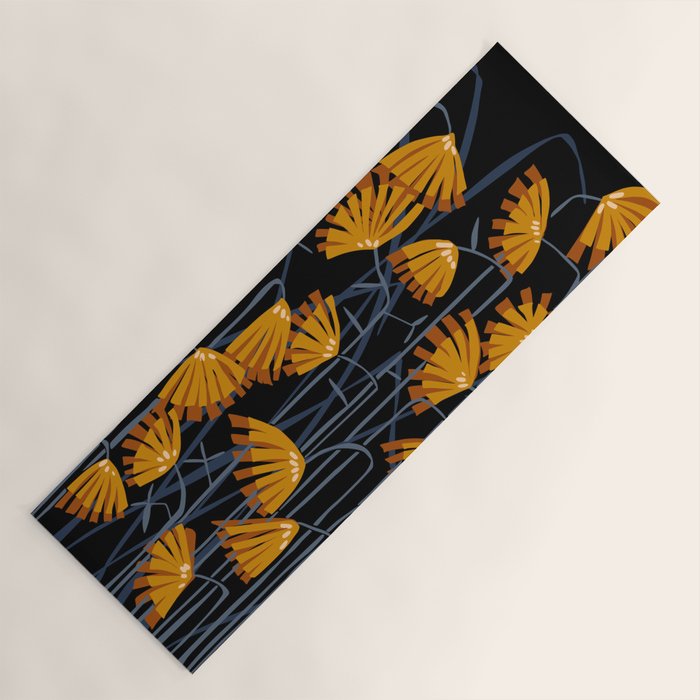 Linocut flower meadow black Yoga Mat Gallery Image 1