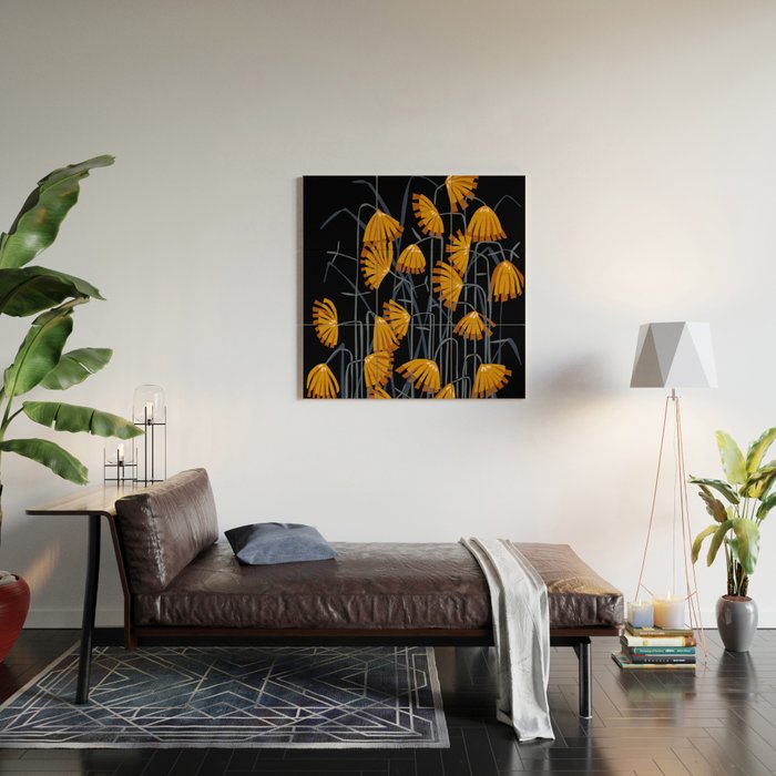 Linocut flower meadow black Wood Wall Art Gallery Image 2