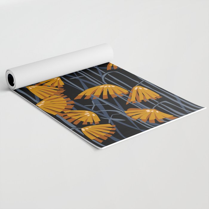 Linocut flower meadow black Yoga Mat Gallery Image 2