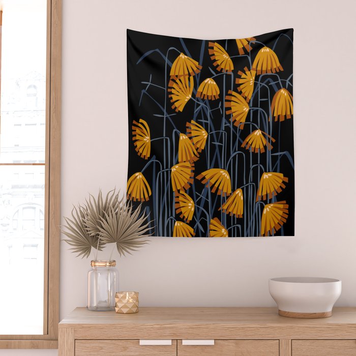 Linocut flower meadow black Wall Tapestry Gallery Image 2
