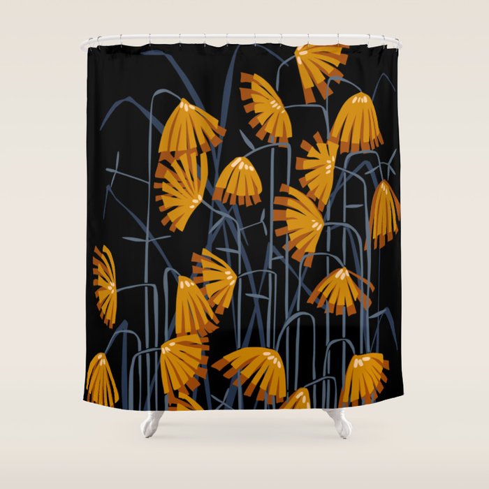 Linocut flower meadow black Shower Curtain Gallery Image 1