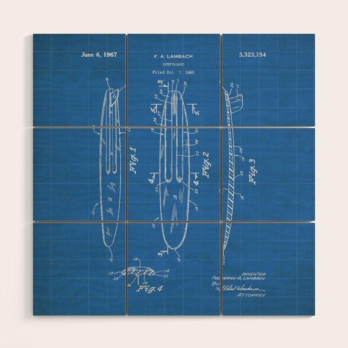 Surfboard Patent - Surfer Surfing Lover Art - Blueprint Wood Wall Art Gallery Image 1