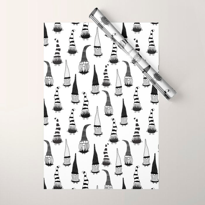 Christmas Gnomes Black White Wrapping Paper Gallery Image 1