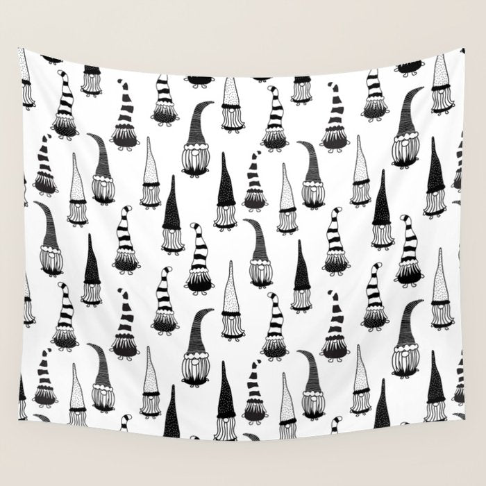 Christmas Gnomes Black White Wall Tapestry Gallery Image 4