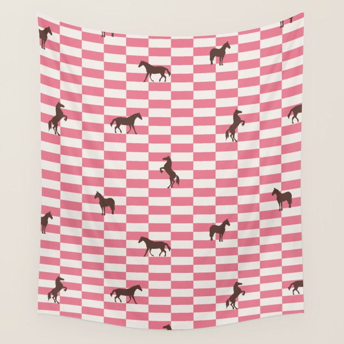 Pink Check Horses  Pattern Wall Tapestry Gallery Image 4