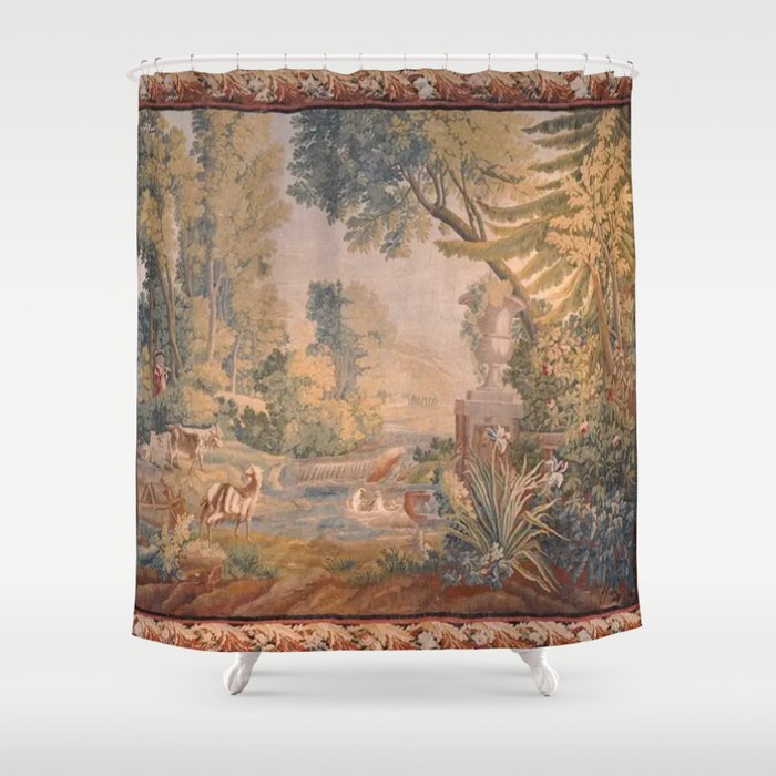 Antique 18th Century French Pastoral Sunrise Verdure Tapestry Shower Curtain Gallery Image 1