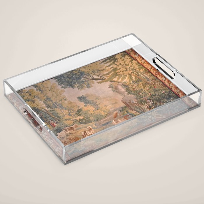Antique 18th Century French Pastoral Sunrise Verdure Tapestry Acrylic Tray Gallery Image 1
