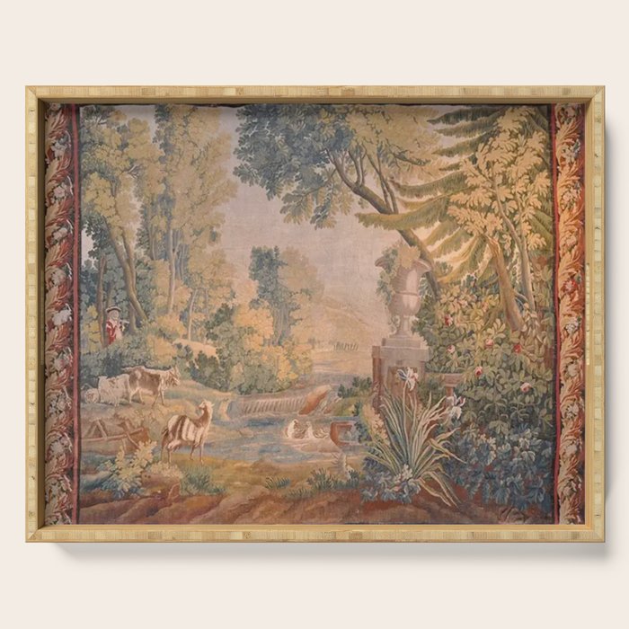 Antique 18th Century French Pastoral Sunrise Verdure Tapestry Serving Tray Gallery Image 1